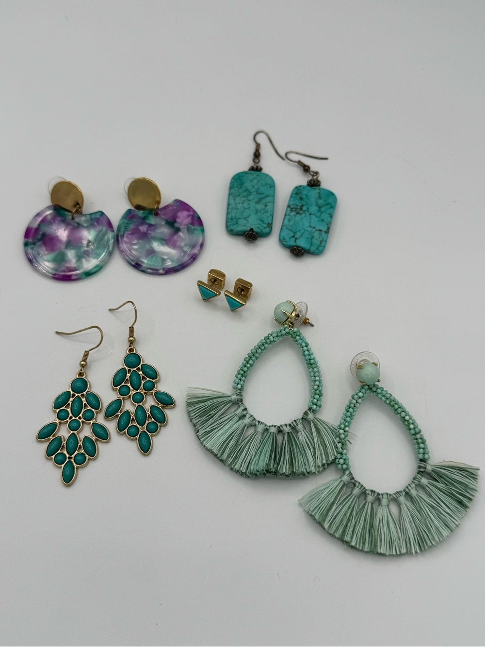 Earring Lot 5 pair pierced post chandelier turquoise Mint purple Costume Jewelry